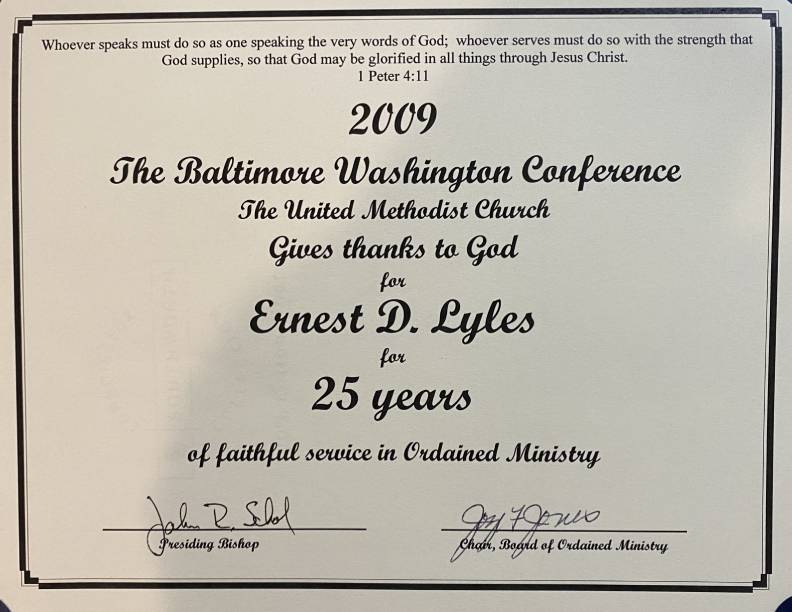 A certificate of appreciation for the baltimore washington conference.