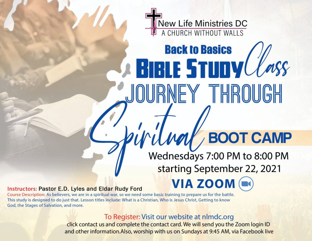 A poster for the back to basics bible study class.